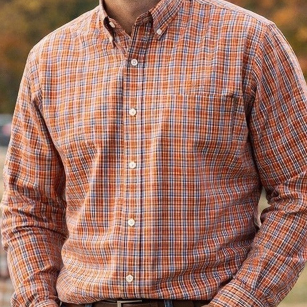 IZOD Mens XXL 2XL Orange Navy Plaid Button Down Shirt NWT Easy Care Long Sleeve